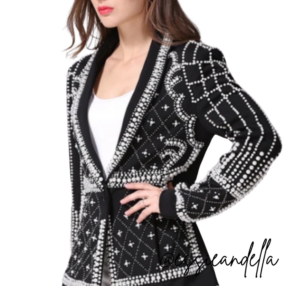 Source Unknown Black Blazer with White Embellished Pattern
